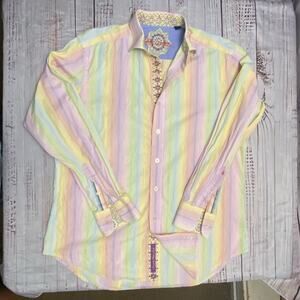 Robert Graham Button Up Shirt Men M Colorful Stripe Collar Flip Cuff Embroidery